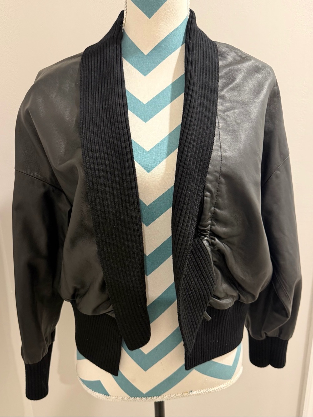 Black Leather Bomber Jacket with Ribbed Shawl Collar